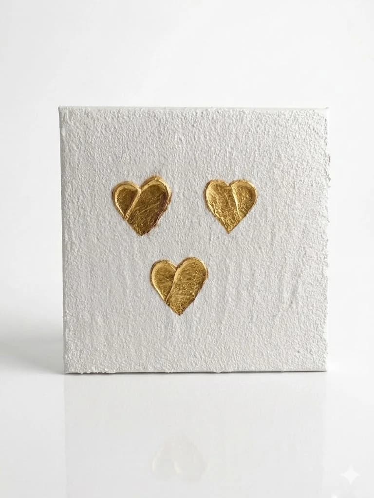 The Three Golden Hearts — acrylic on canvas — 20 × 20 cm, original artwork by Victoria Genova